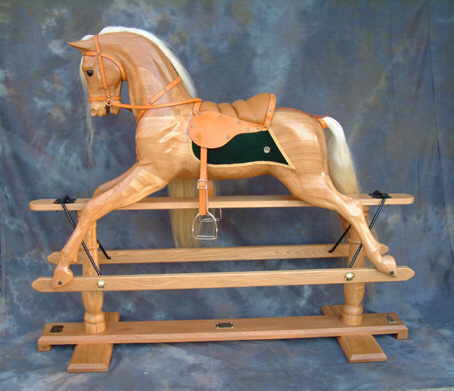 natural oak rocking horse on safety stand